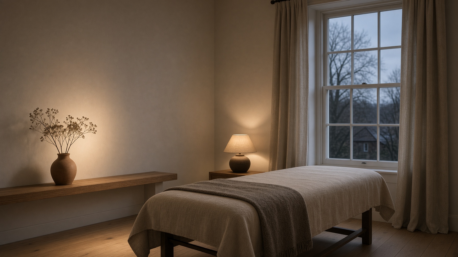 A quiet treatment room at dusk: oak, linen, a table, and a clay vase. No people.