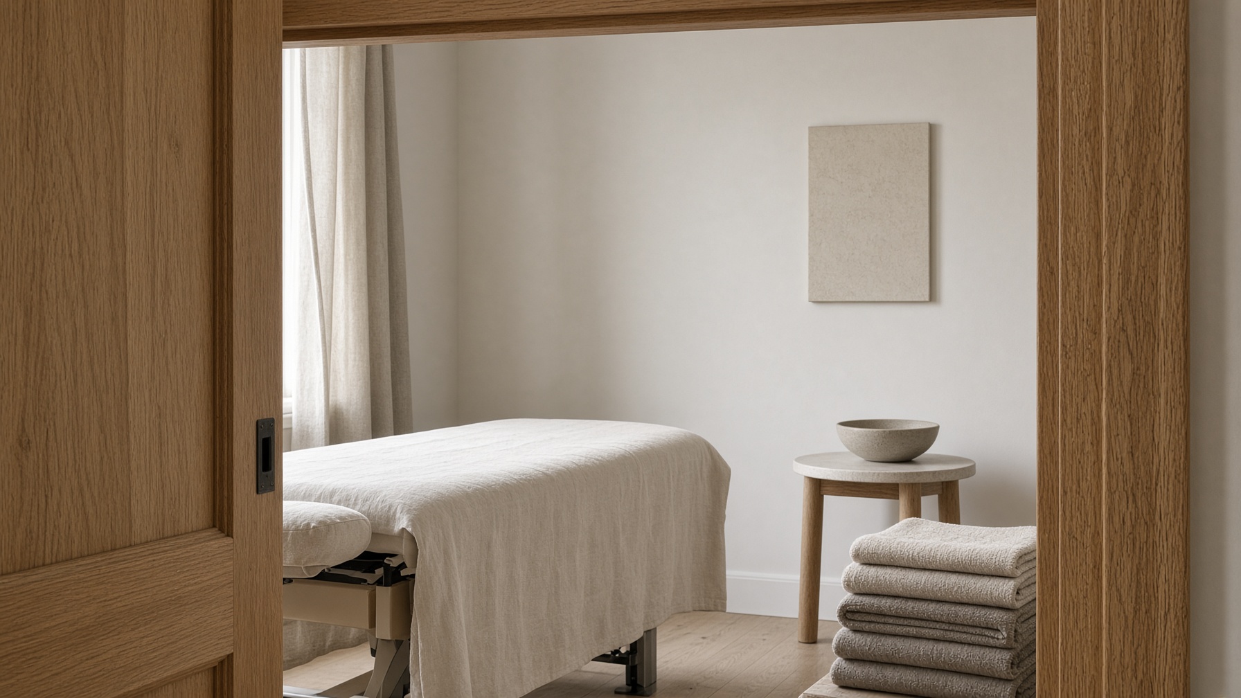 A treatment room in daylight, seen from the doorway. Oak, linen, no people.